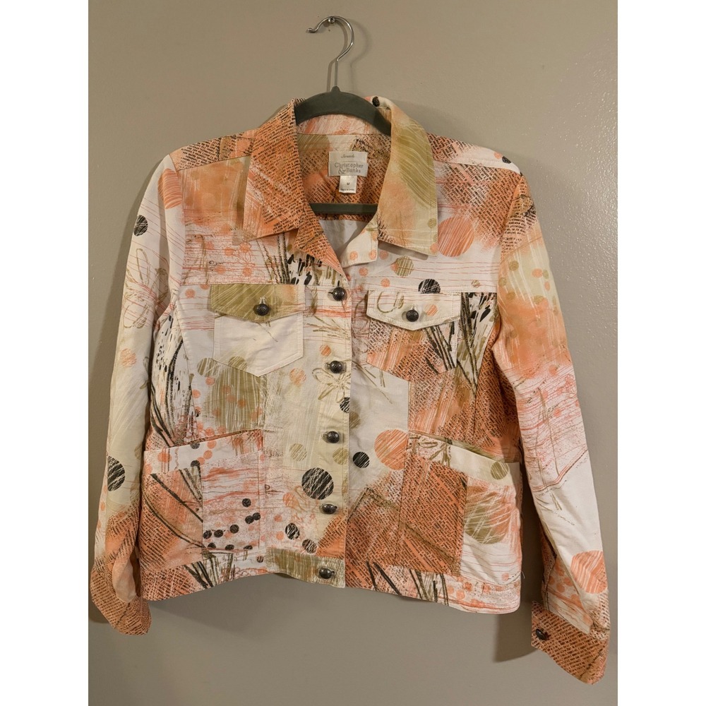 Christopher & Banks Womens Abstract Print Stretch Denim Jacket‎ Orange Multi Med